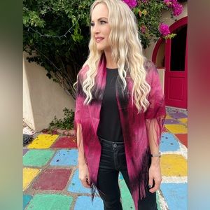 Red Pink Rose Black Sheer Floral Flower Ombré Fringe Edge V Shape Boho Kimono